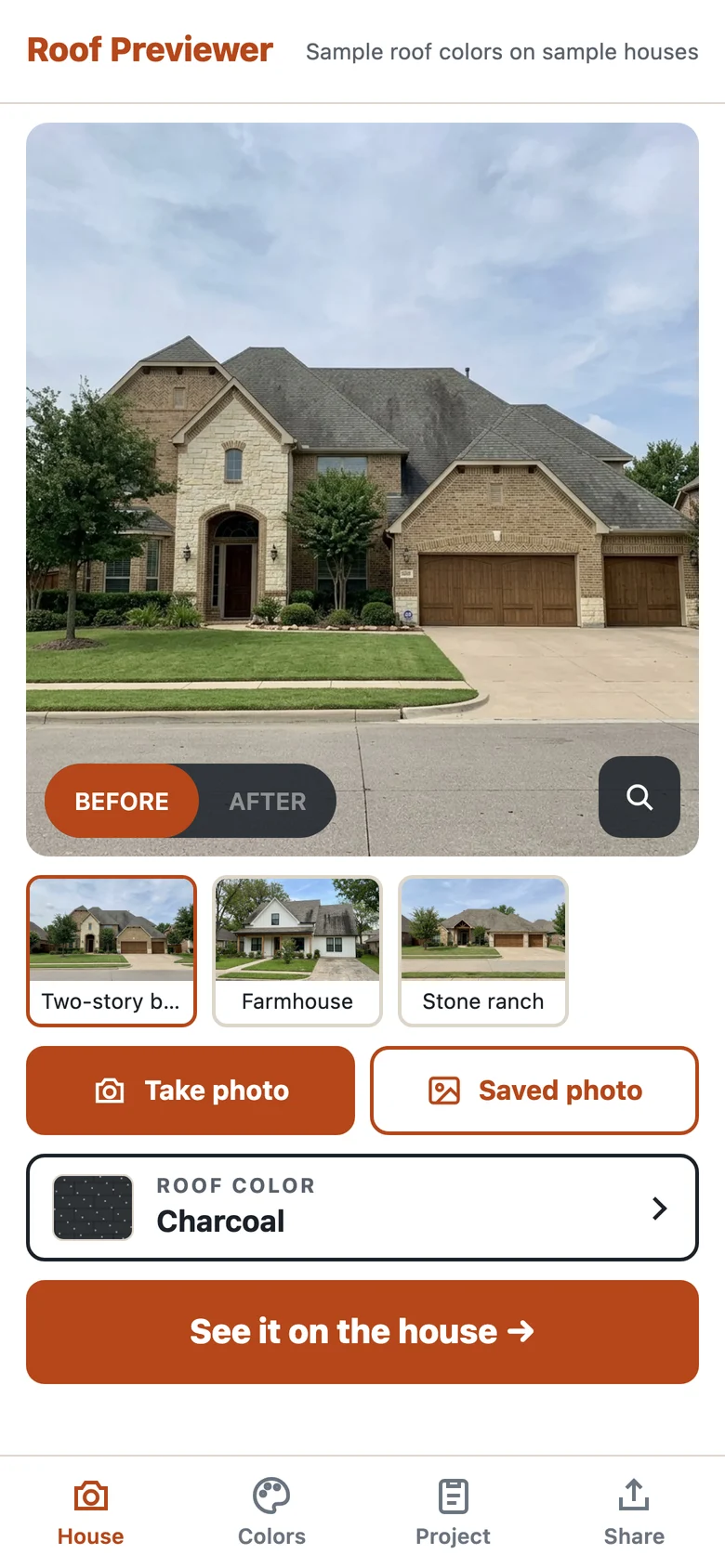 The Roof Previewer phone app showing a house, the roof color and the See it on the house button